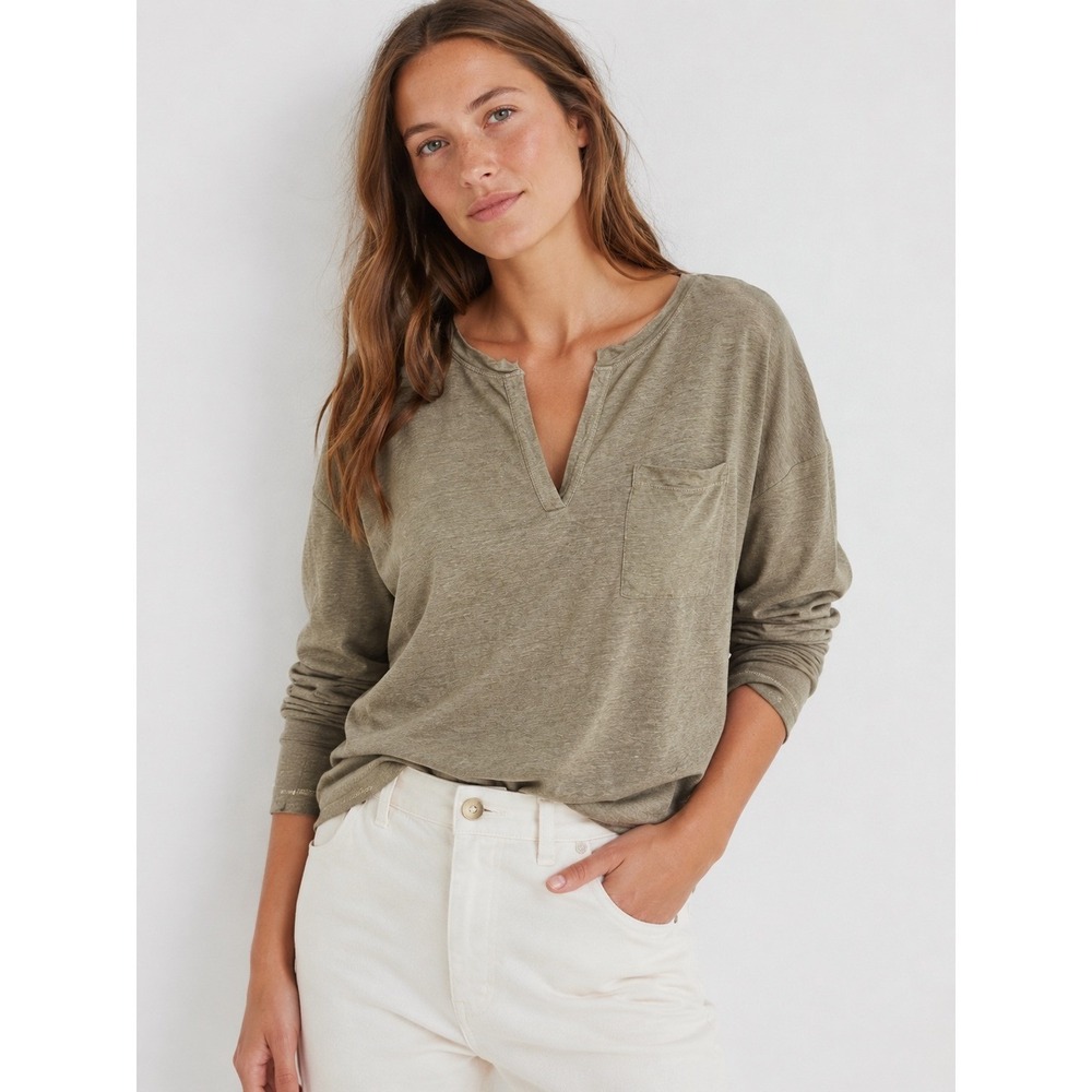 Banana Republic Womens 100% Linen V Neck Top M Petite Boho Olive Green Shirt